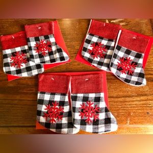 Christmas Red Snowflake Black White Check Flannel Mini Stocking Ornaments Set 6